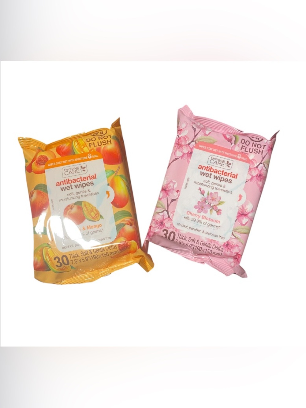 Antibacterial Wet Wipes Duo — Peach & Mango (Orange) and Cherry Blossom (Pink)